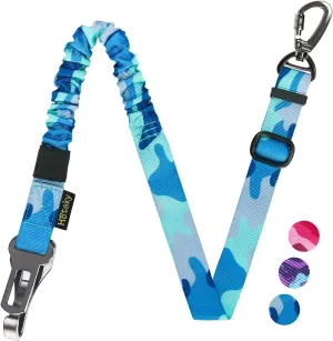 Hotsky Dog Seat Belt, Adjustable Safety Seatbelt 3-in-1 Car Harness for Dogs in Car Nylon Elastic Bungee Buffer Tether with Clip Hook Latch Buckle Swivel Zinc Alloy Carabiner(Blue Camo)
