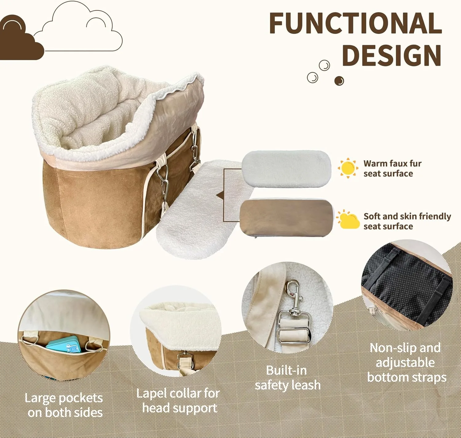 Johnear Puppy Dog Booster Seat for Small Dogs up to 28 lbs - 3 in 1 Portable Pet Handbag Sofa - Car Travel & Winter Warm Carrier with Safety Belt