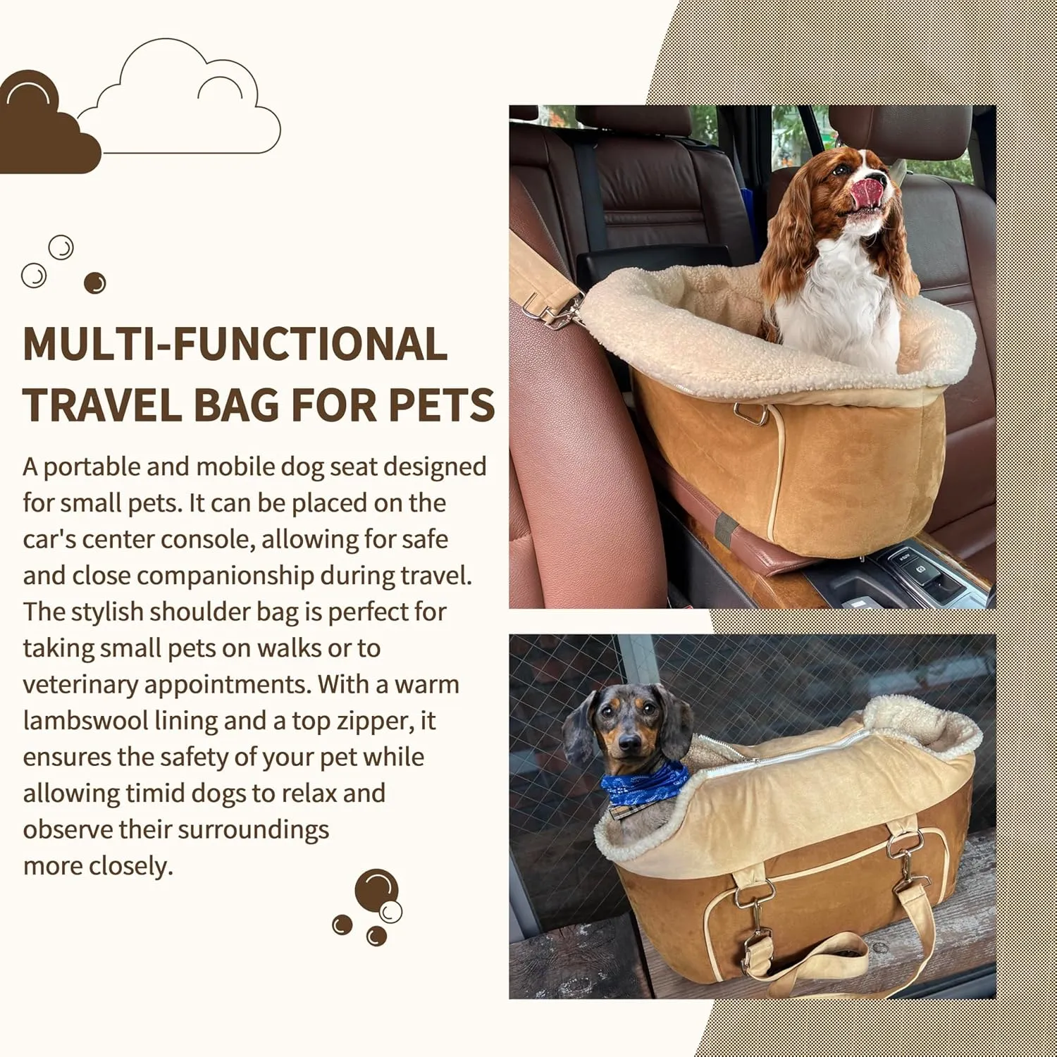 Johnear Puppy Dog Booster Seat for Small Dogs up to 28 lbs - 3 in 1 Portable Pet Handbag Sofa - Car Travel & Winter Warm Carrier with Safety Belt