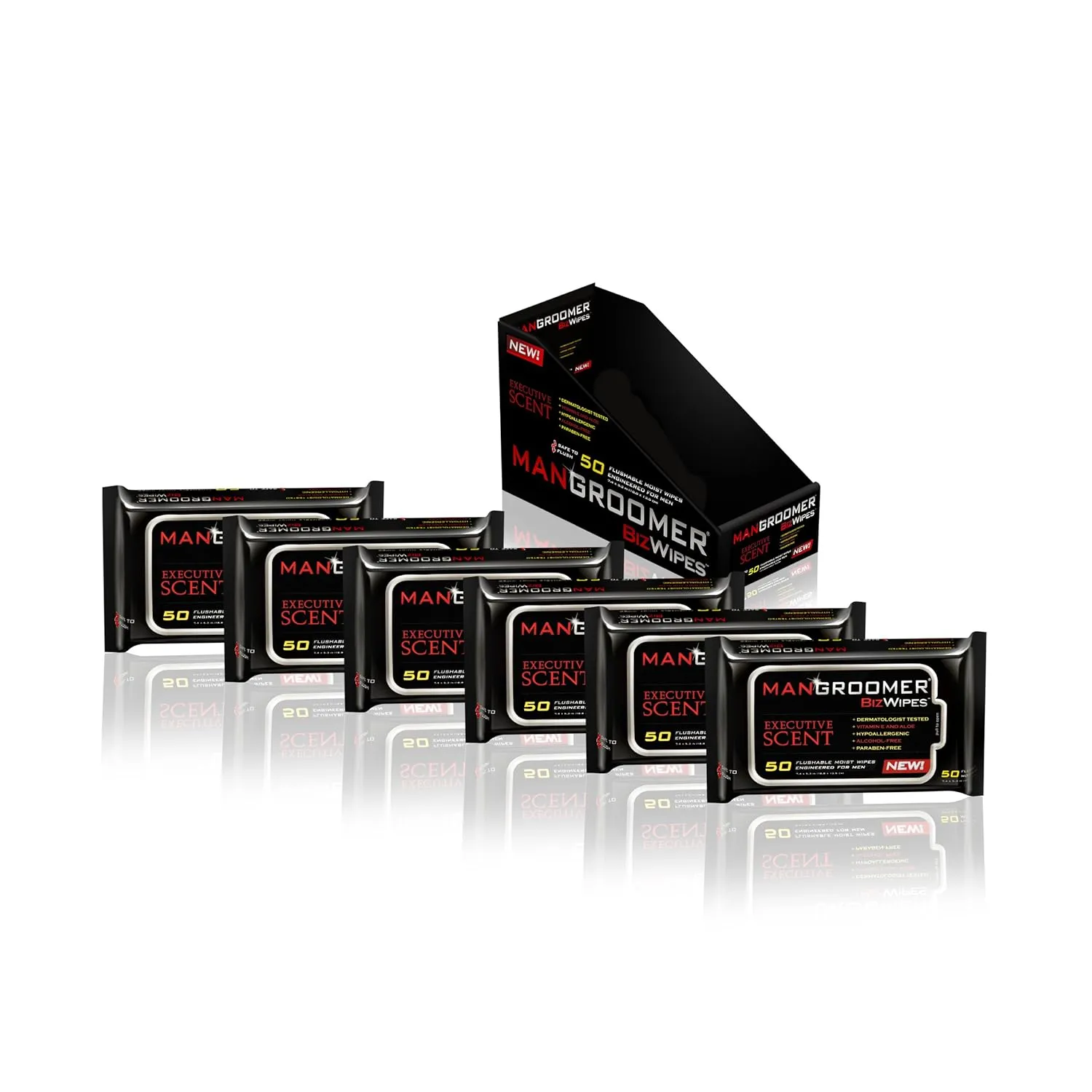 MANGROOMER Biz Wipes Flushable Moist Personal Wipes Engineered for Men, Executive Scent, 50 Wipes (Pack of 6), 300 Count