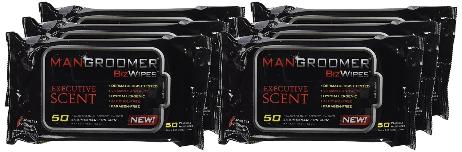 MANGROOMER Biz Wipes Flushable Moist Personal Wipes Engineered for Men, Executive Scent, 50 Wipes (Pack of 6), 300 Count