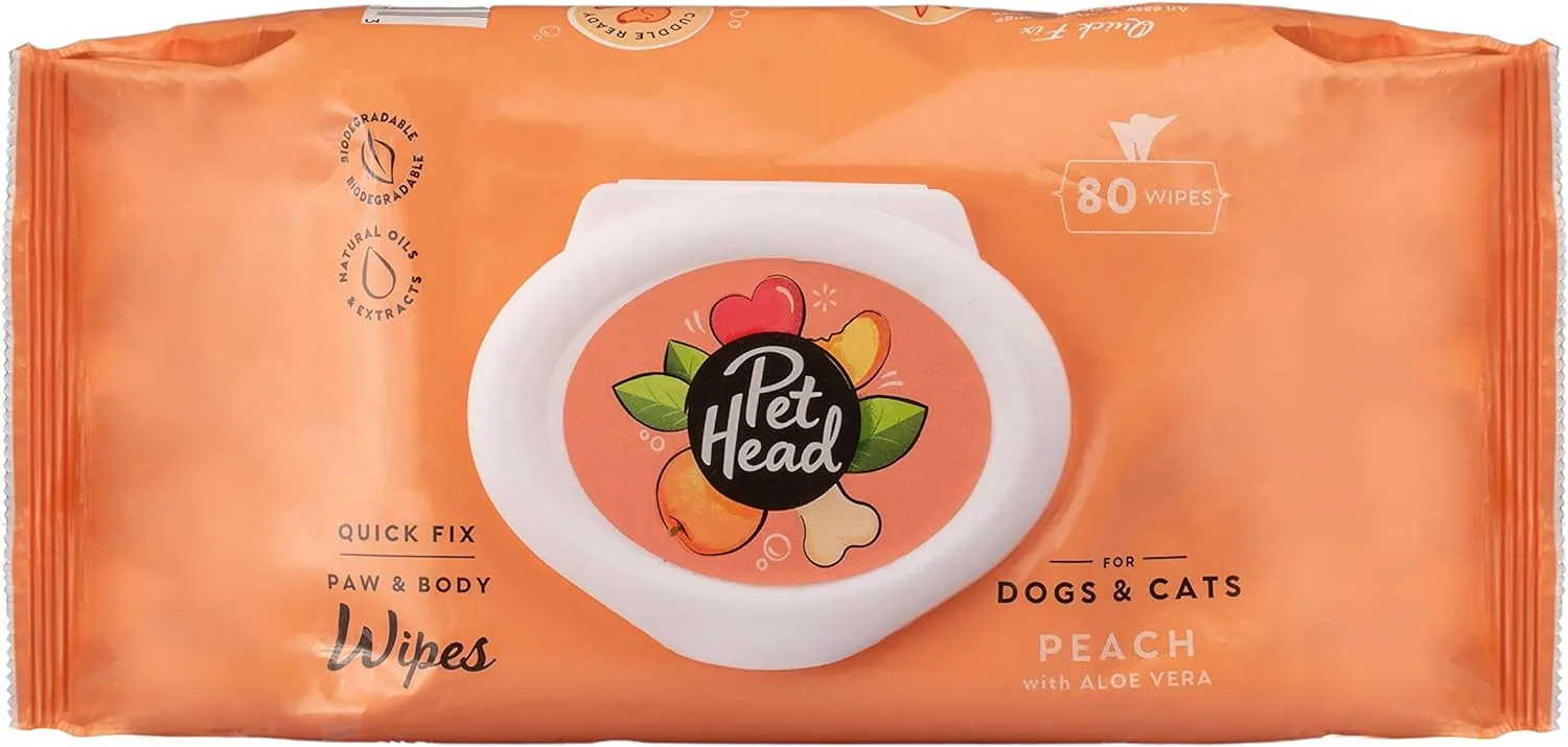 Pet Head Quick Fix Wet Wipes For Dogs & Cats Peach With Aloe Vera 80 Wipes