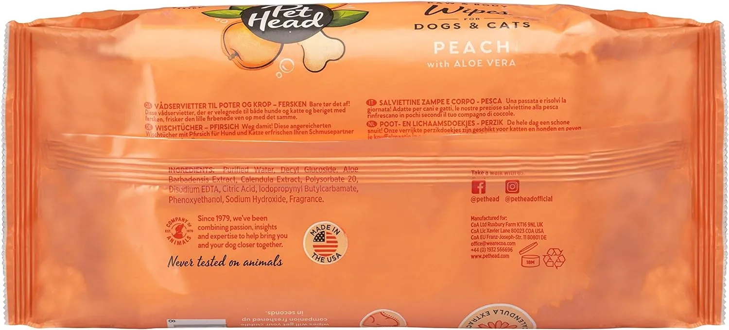 Pet Head Quick Fix Wet Wipes For Dogs & Cats Peach With Aloe Vera 80 Wipes