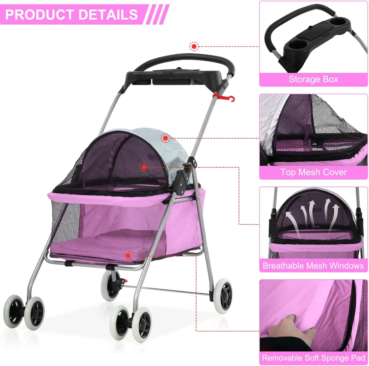 Pet Stroller - MeetPerfect Luxury Pet Roadster for Dogs and Cats Waterproof Dog Cart Dog Stroller Cat Stroller Pet Jogger - Easy to Walk Folding Carrier Carriage with Storage Basket (Pink)