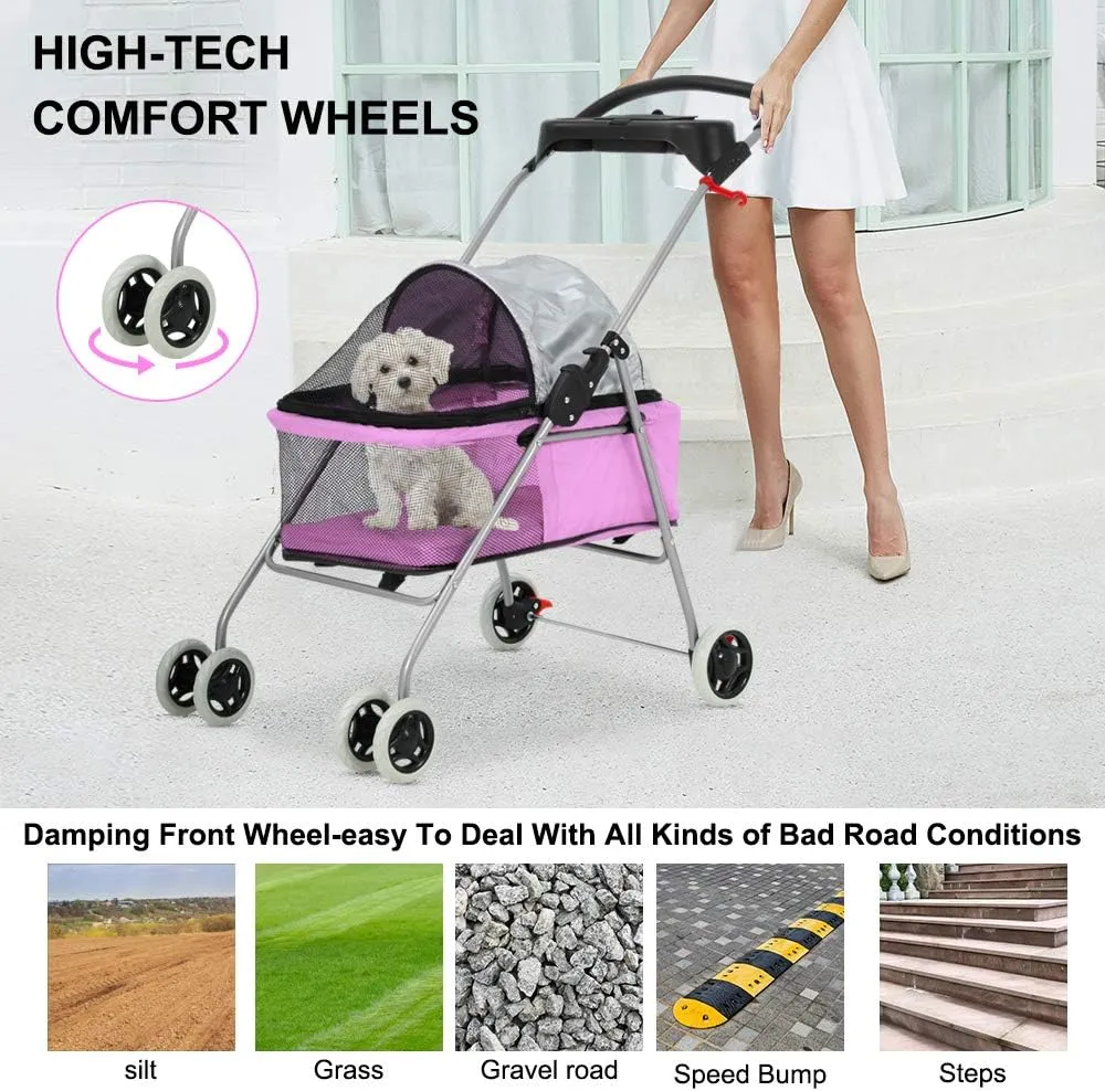 Pet Stroller - MeetPerfect Luxury Pet Roadster for Dogs and Cats Waterproof Dog Cart Dog Stroller Cat Stroller Pet Jogger - Easy to Walk Folding Carrier Carriage with Storage Basket (Pink)