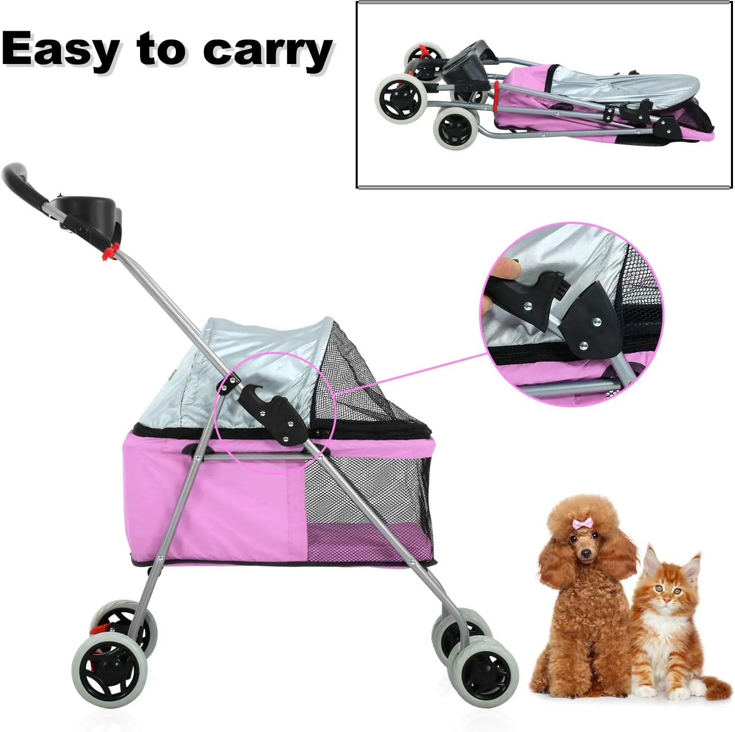 Pet Stroller - MeetPerfect Luxury Pet Roadster for Dogs and Cats Waterproof Dog Cart Dog Stroller Cat Stroller Pet Jogger - Easy to Walk Folding Carrier Carriage with Storage Basket (Pink)