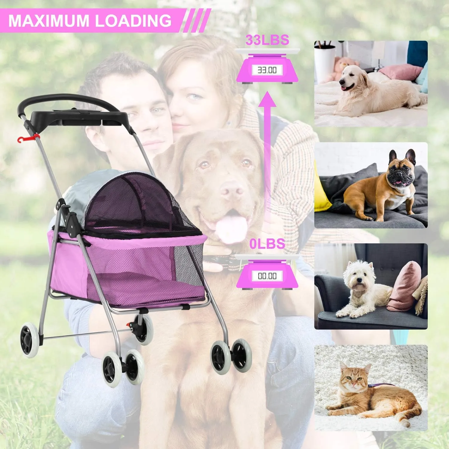 Pet Stroller - MeetPerfect Luxury Pet Roadster for Dogs and Cats Waterproof Dog Cart Dog Stroller Cat Stroller Pet Jogger - Easy to Walk Folding Carrier Carriage with Storage Basket (Pink)
