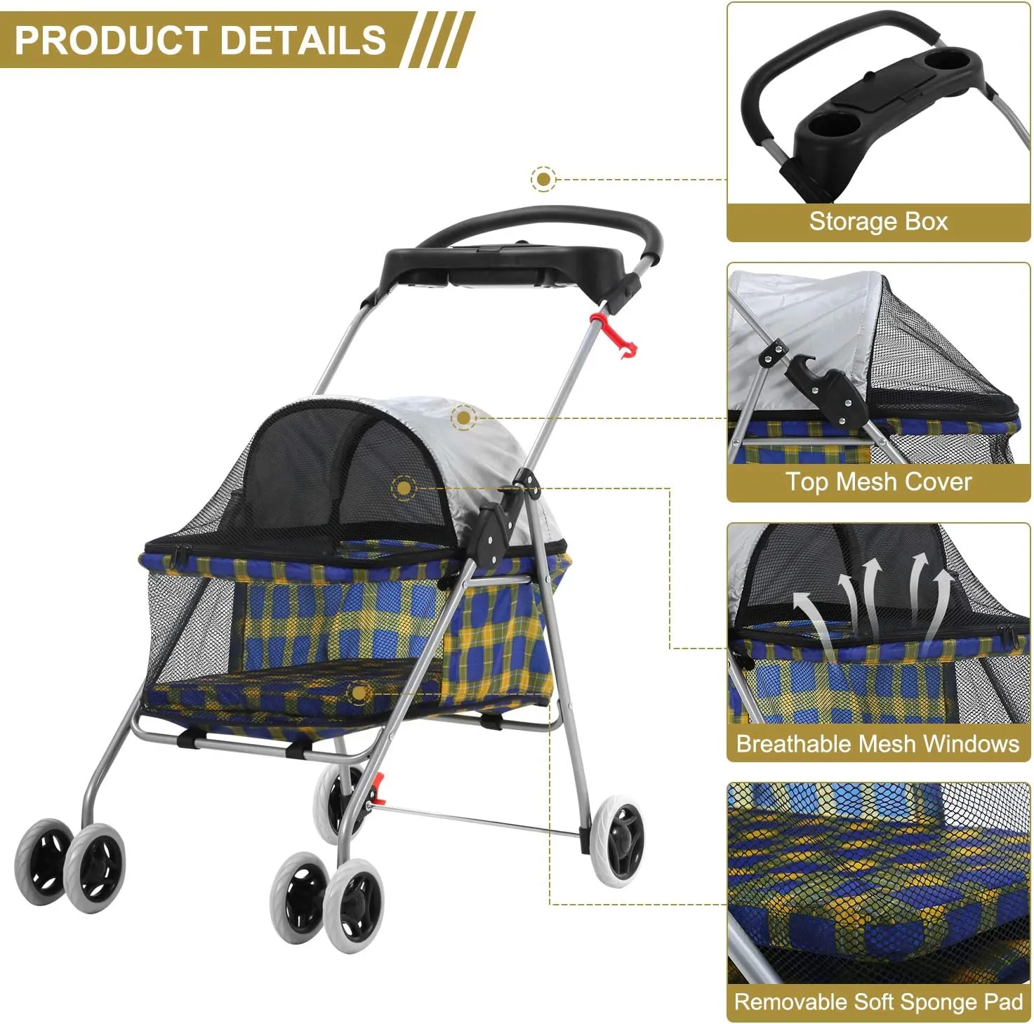 Pet Stroller - MeetPerfect Luxury Pet Roadster for Dogs and Cats Waterproof Dog Cart Dog Stroller Cat Stroller Pet Jogger - Easy to Walk Folding Carrier Carriage with Storage Basket, Yellow