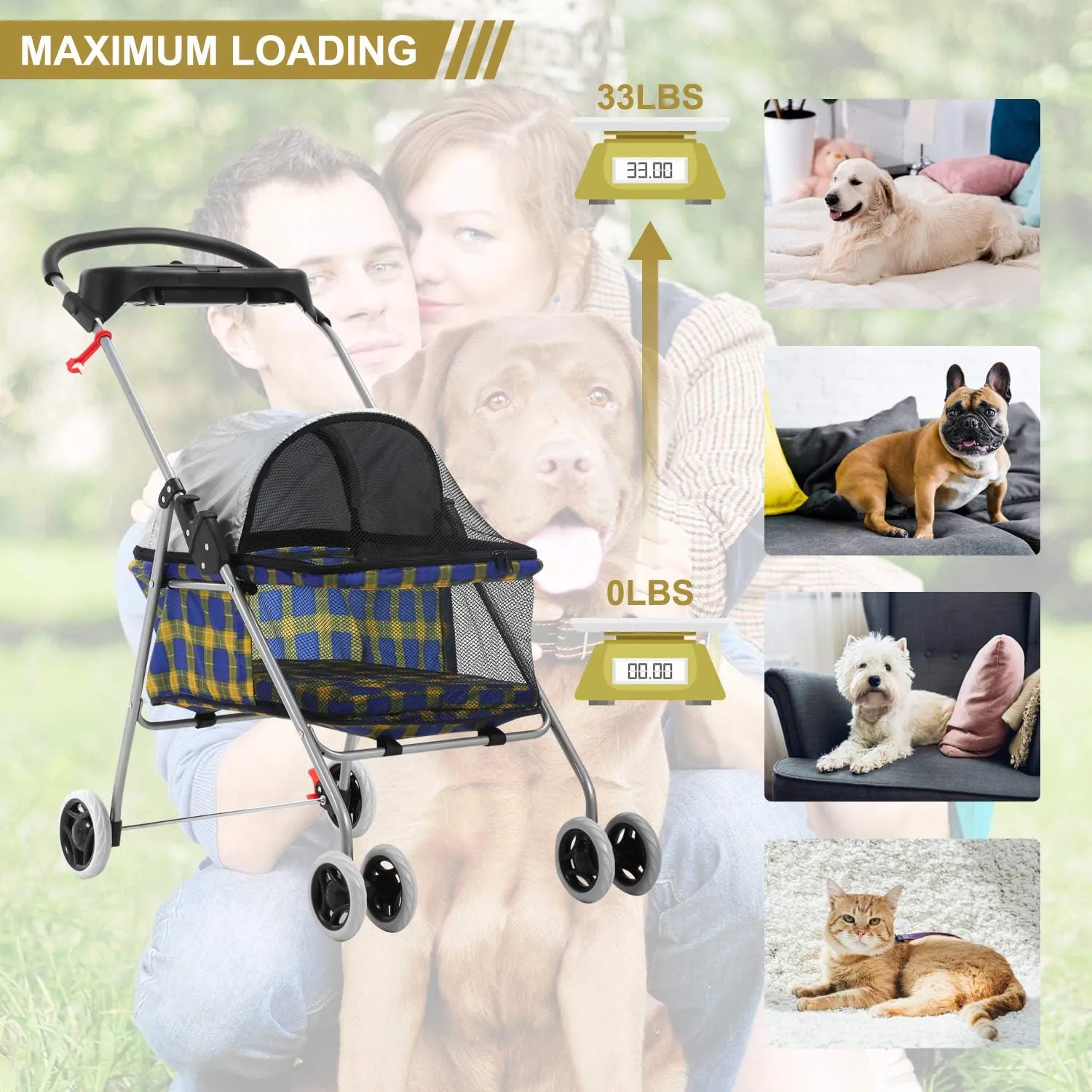 Pet Stroller - MeetPerfect Luxury Pet Roadster for Dogs and Cats Waterproof Dog Cart Dog Stroller Cat Stroller Pet Jogger - Easy to Walk Folding Carrier Carriage with Storage Basket, Yellow