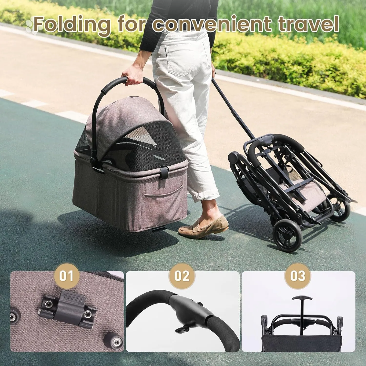 Pet Strollers, Foldable Dog Strollers, Dogs Carts with Storage Basket, 360 Front Wheel Rear Wheel with Brake, Lightweight Travel Stroller for Small Medium Dogs&Cats Outoor (Coffee)