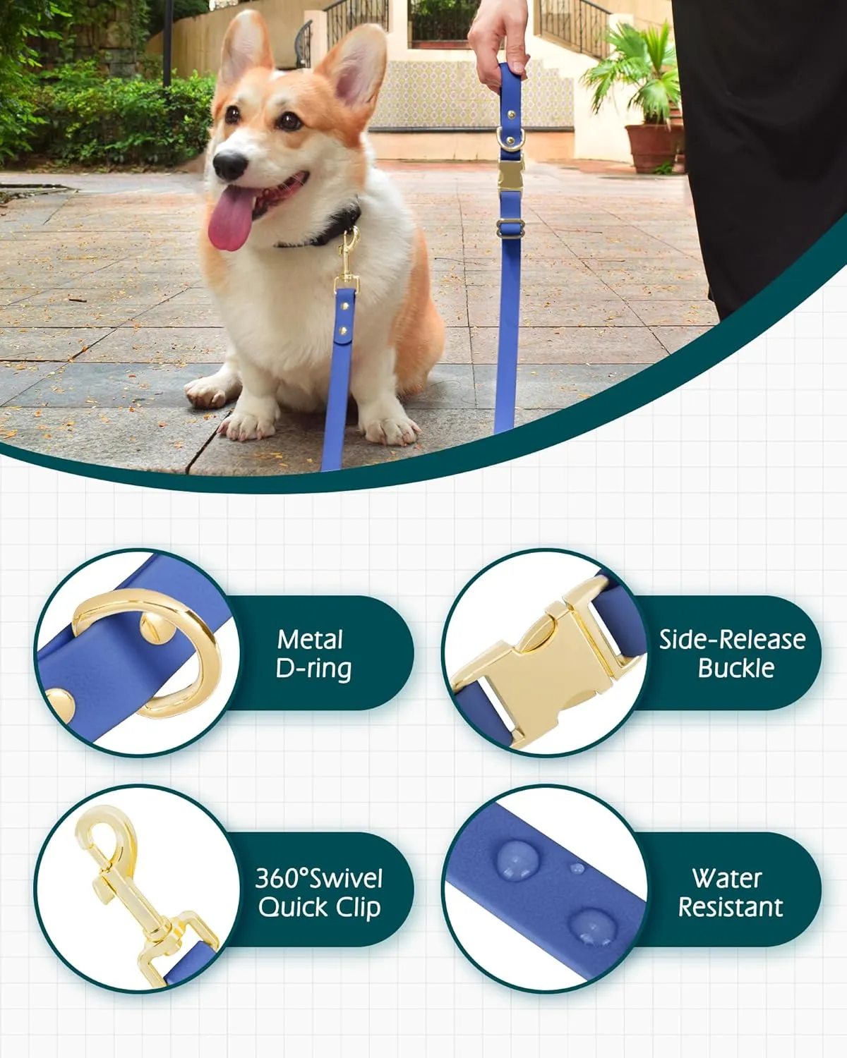 PetBonus Waterproof Dog Leash, 5 FT Odor Proof Walking Training Lead for Small Medium Dog, Adjustable Handle with Side Release Buckle (S, Blue)