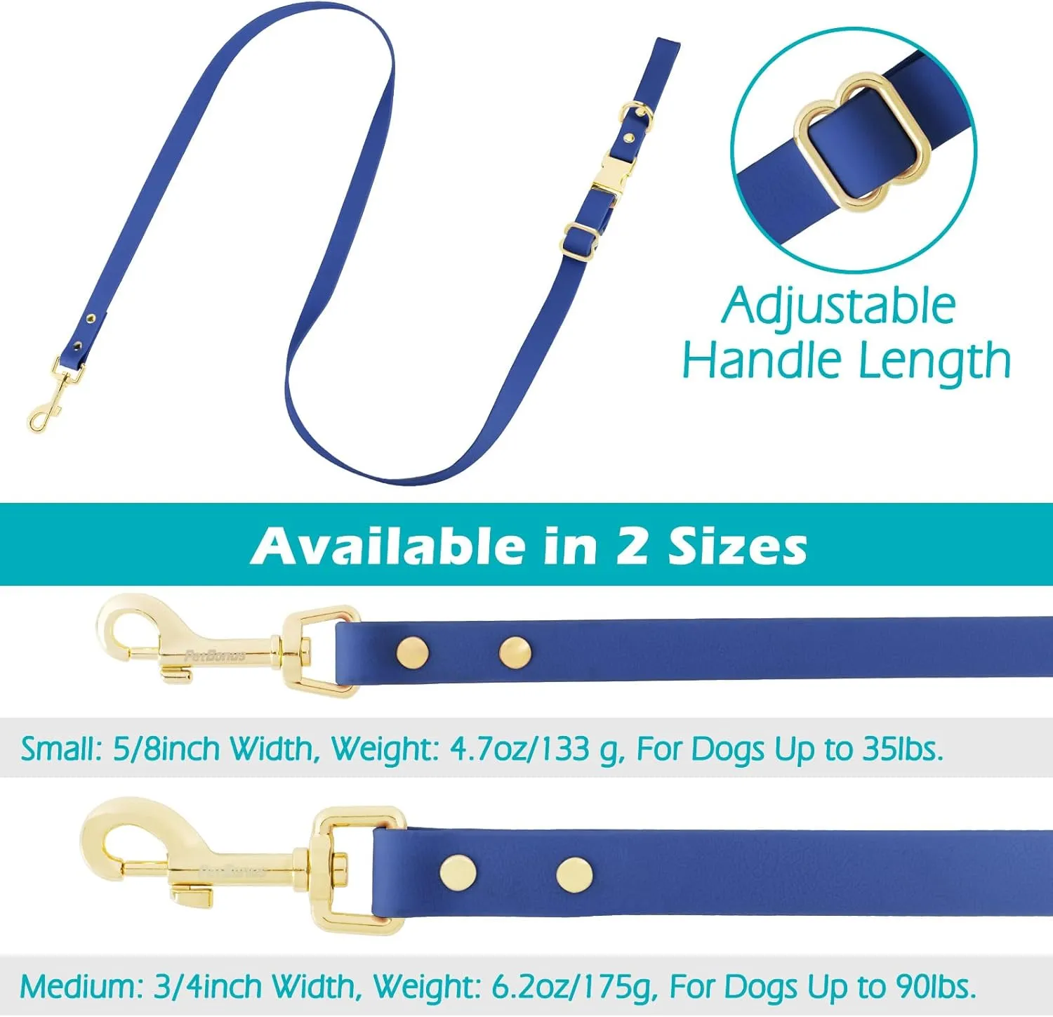 PetBonus Waterproof Dog Leash, 5 FT Odor Proof Walking Training Lead for Small Medium Dog, Adjustable Handle with Side Release Buckle (S, Blue)