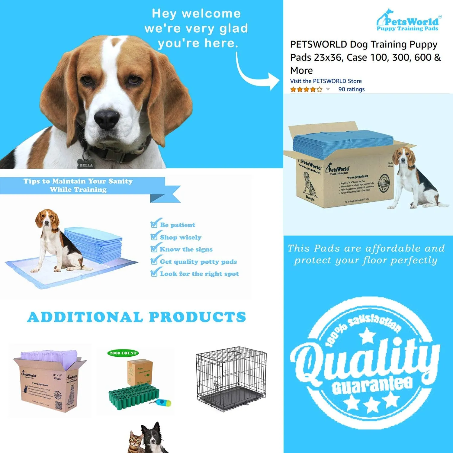 PETSWORLD Puppy Pads, 23x36 Inch, 200 Count - Puppy Pee Pads for Dogs, Tear Resistant, Economy Value, Super-Absorbent Polymer Gel Core, Perfect for Puppies, Smaller Dogs