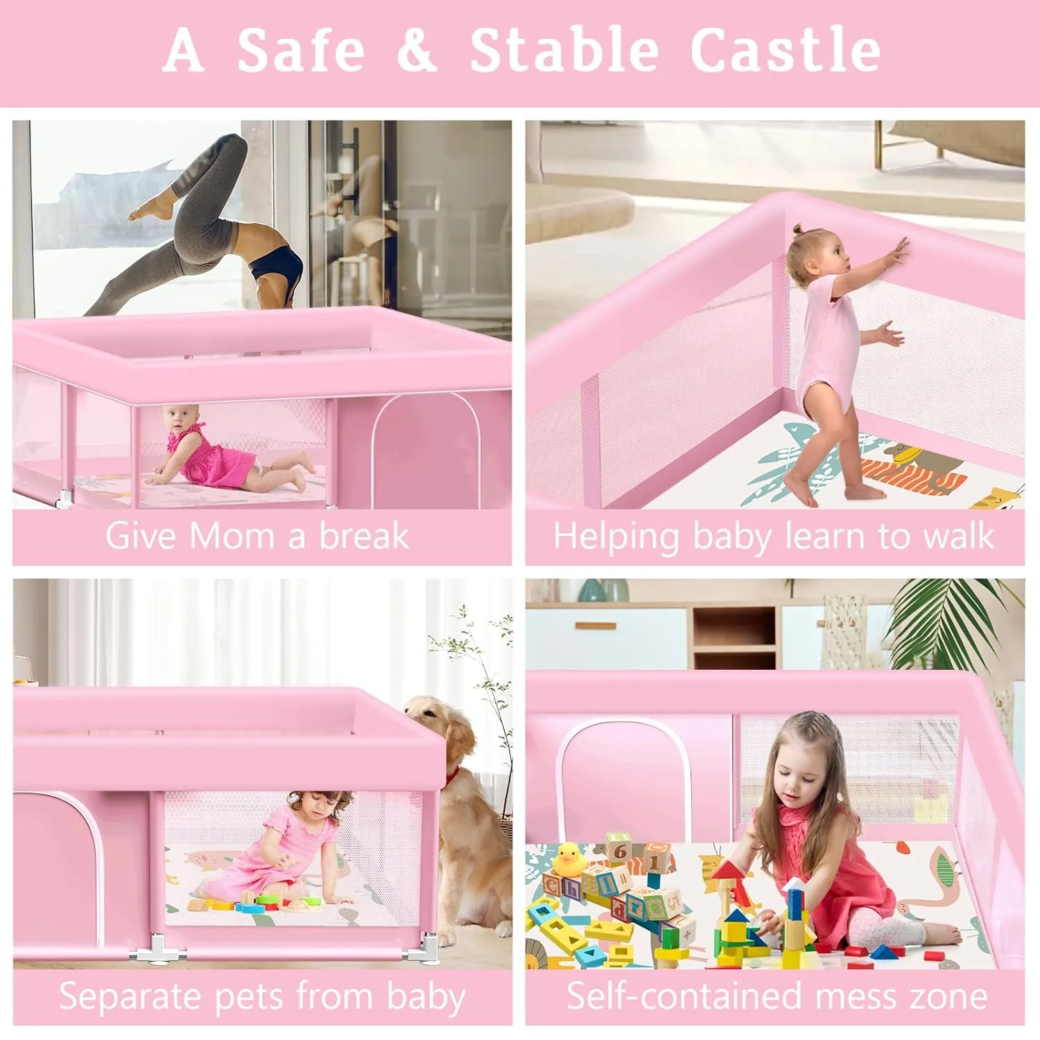 Pink Baby Playpen with Mat, 50x50 Inch Playpen with Mat Waterproof for Babies and Toddlers Play Pen for Girls Pink Playards Safety Gate Fence Active Center Indoor