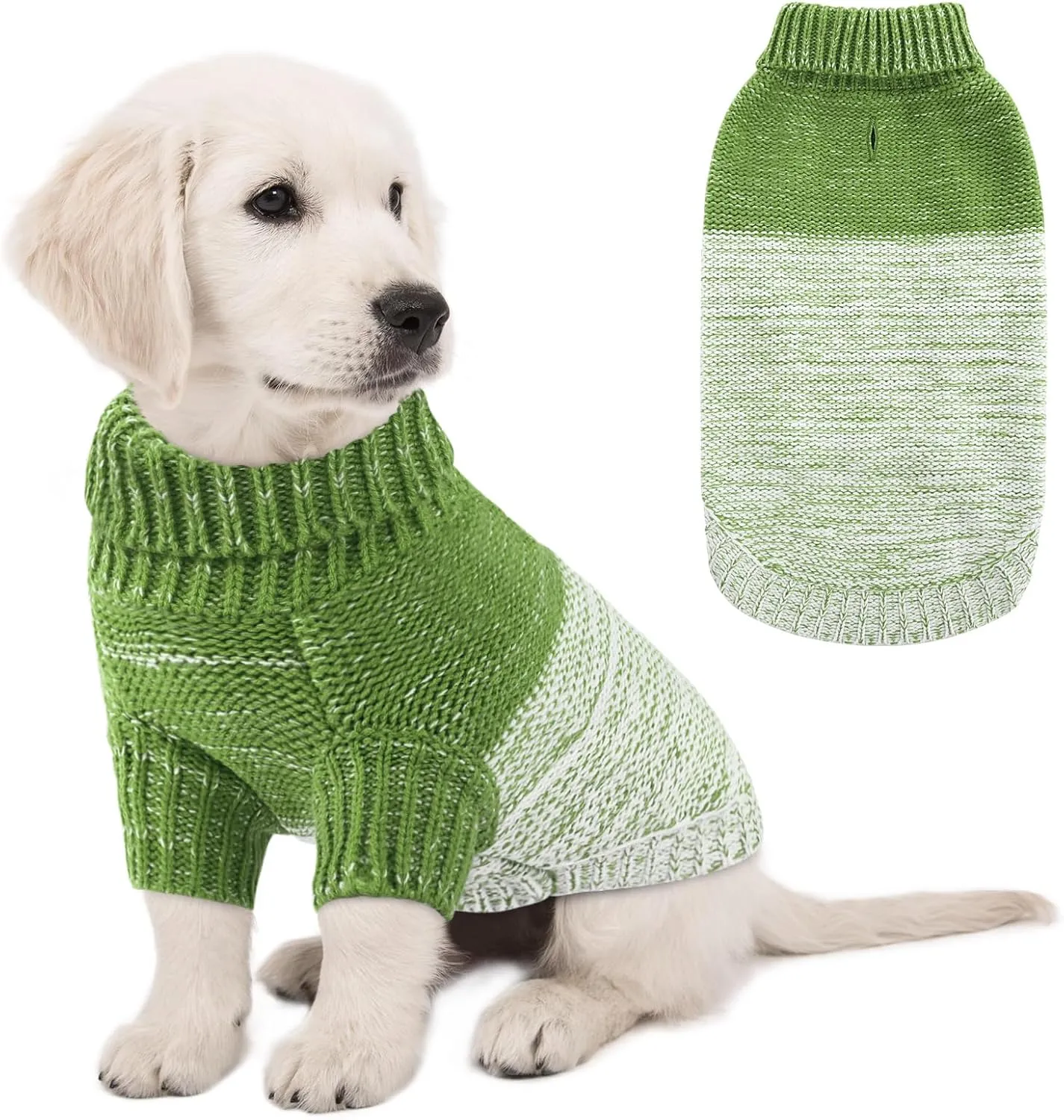 Queenmore Knitted Pullover Dog Sweater, Turtleneck Pet Cat Sweater, Cold Weather Puppy Clothes Stitching Knitwear with Leash Hole for Small Medium DogsGreen,S