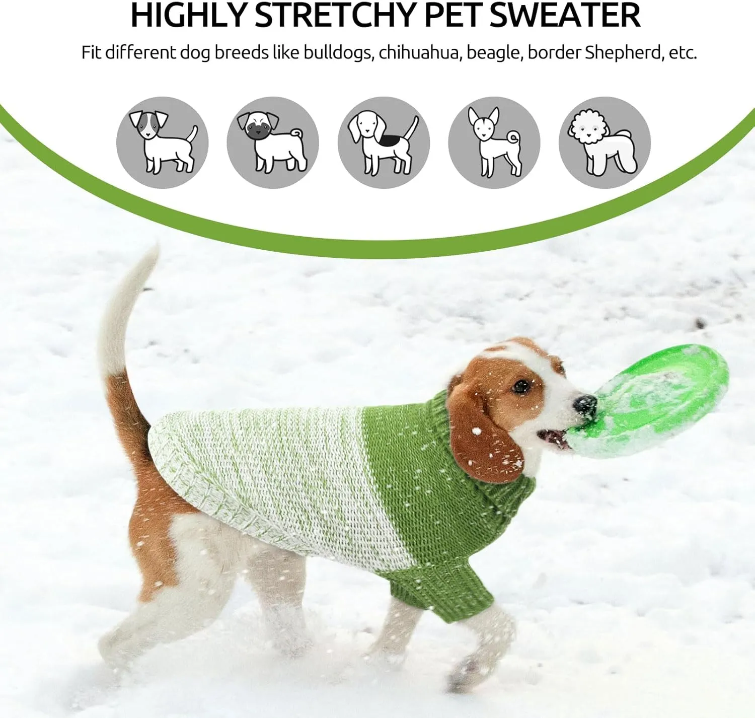 Queenmore Knitted Pullover Dog Sweater, Turtleneck Pet Cat Sweater, Cold Weather Puppy Clothes Stitching Knitwear with Leash Hole for Small Medium DogsGreen,S