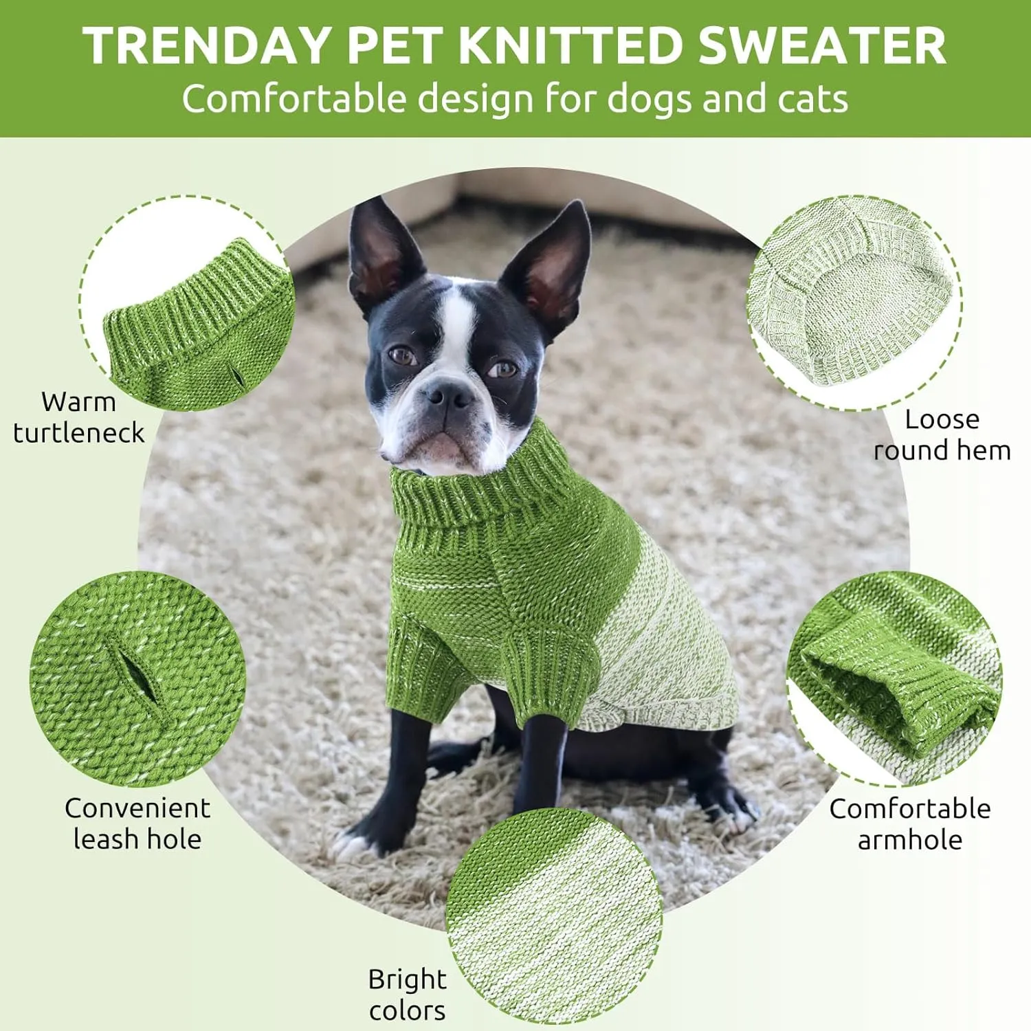 Queenmore Knitted Pullover Dog Sweater, Turtleneck Pet Cat Sweater, Cold Weather Puppy Clothes Stitching Knitwear with Leash Hole for Small Medium DogsGreen,S