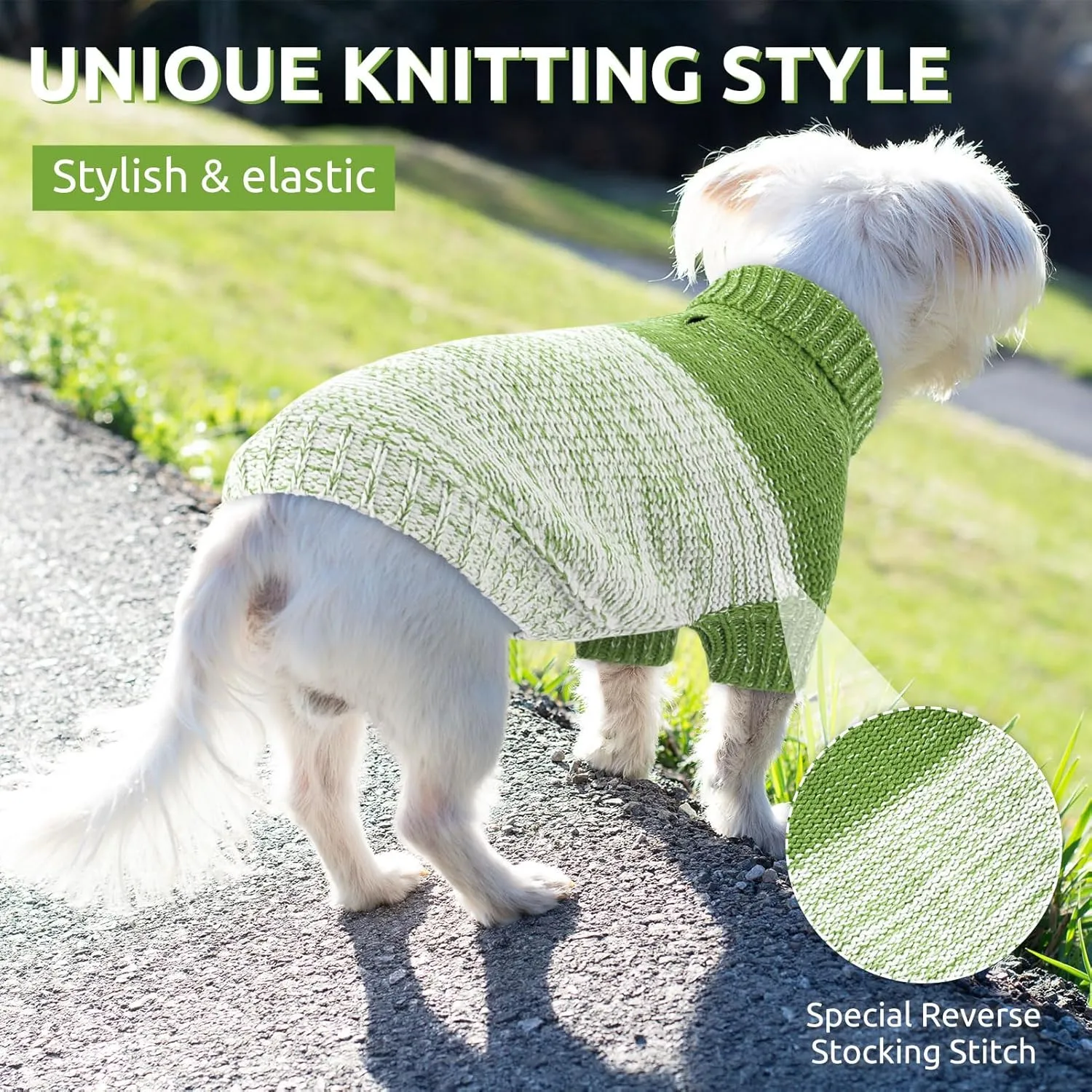Queenmore Knitted Pullover Dog Sweater, Turtleneck Pet Cat Sweater, Cold Weather Puppy Clothes Stitching Knitwear with Leash Hole for Small Medium DogsGreen,S