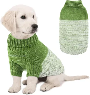 Queenmore Knitted Pullover Dog Sweater, Turtleneck Pet Cat Sweater, Cold Weather Puppy Clothes Stitching Knitwear with Leash Hole for Small Medium DogsGreen,S
