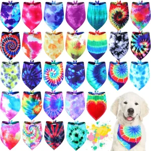 Silkfly 30 Pcs Tie Dye Dog Bandanas Bulk Spring Rainbow Spiral Cat Dog Scarf Colorful Washable Triangle Kerchief Cute pet Bib for Small Medium Large Pets(Large)