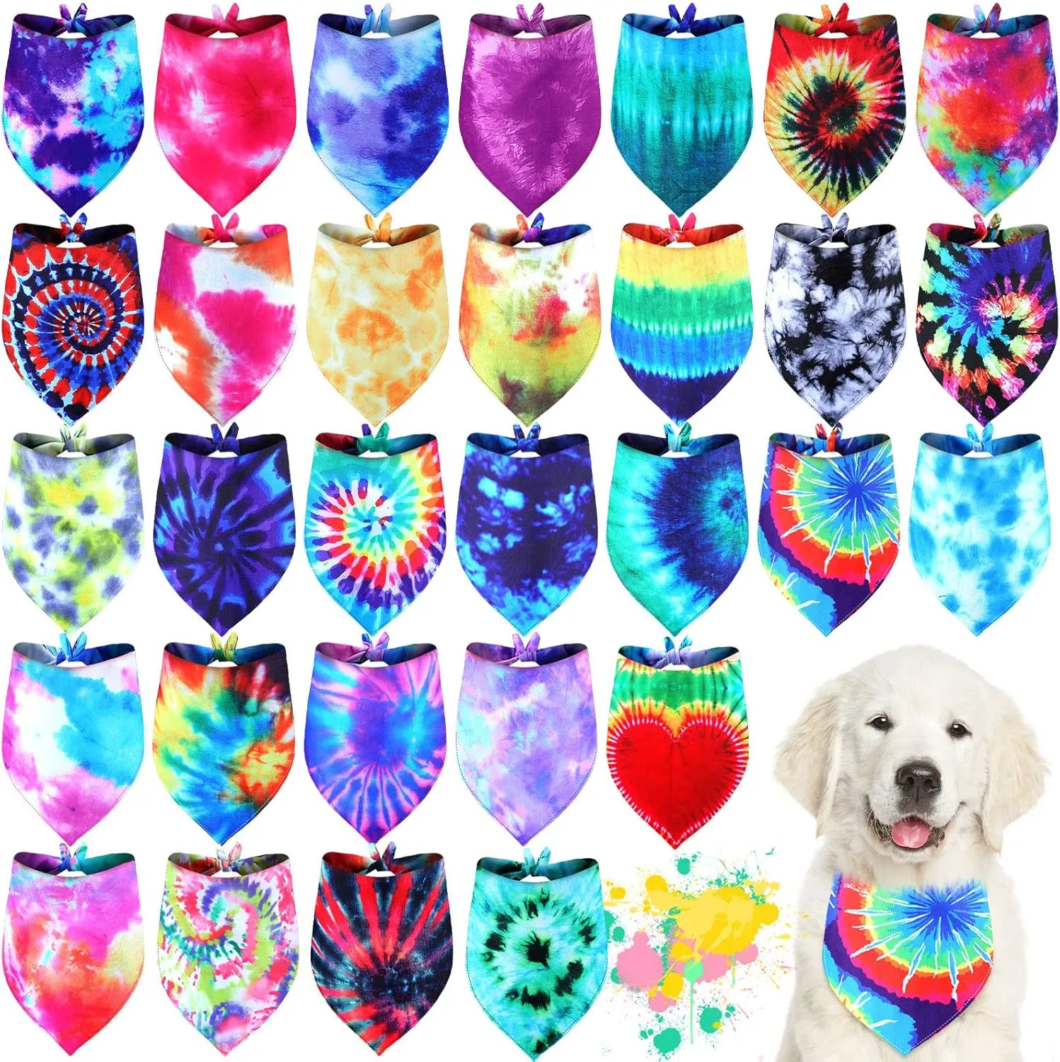 Silkfly 30 Pcs Tie Dye Dog Bandanas Bulk Spring Rainbow Spiral Cat Dog Scarf Colorful Washable Triangle Kerchief Cute pet Bib for Small Medium Large Pets(Large)