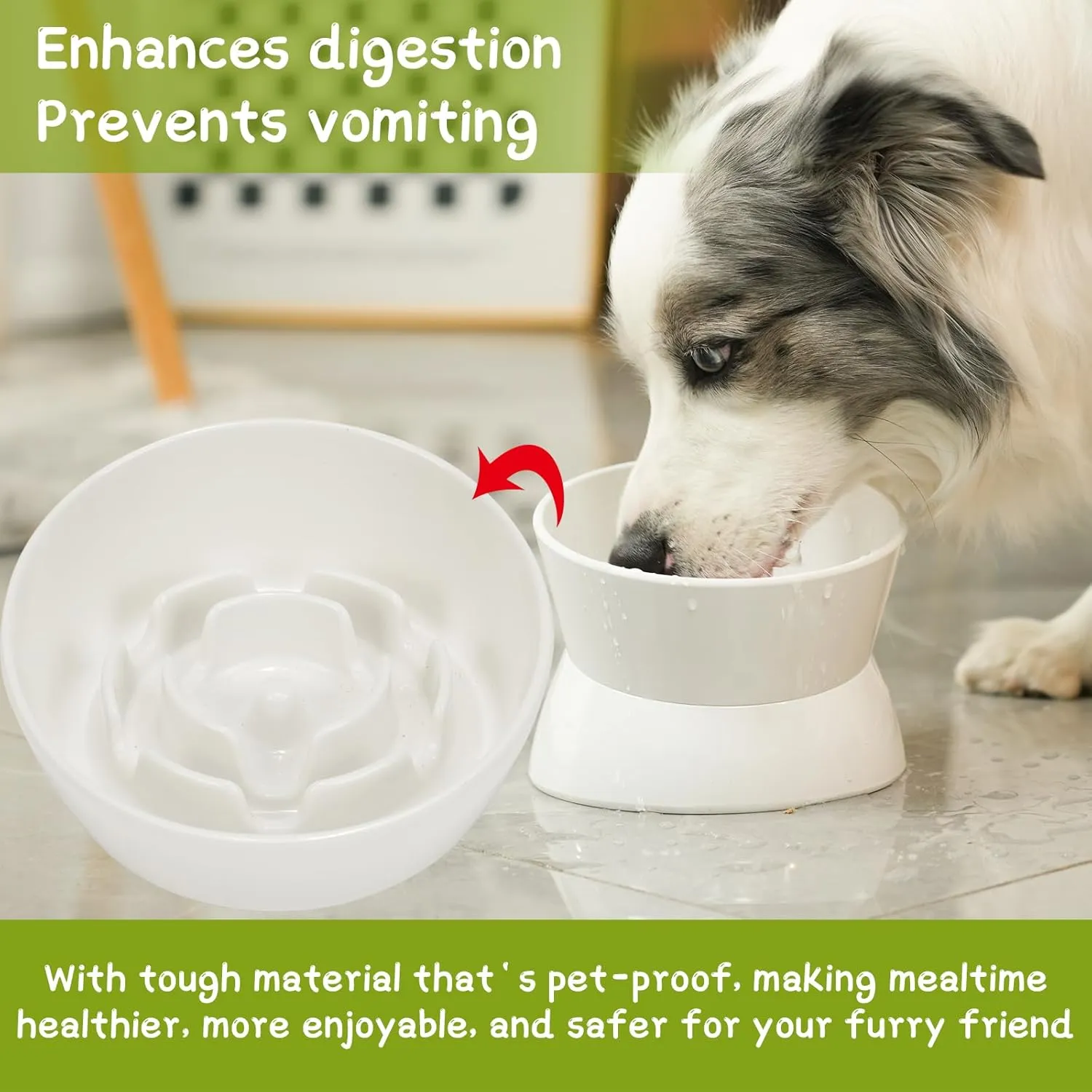 Tilted Raised Slow Feeder Bowl for Cats and Small & Medium Dogs, Raised Design Improves Posture, Spiral Inner Shape Prevents Fast Eating, Dishwasher Safe, 10 oz (Green, M-Dogs)