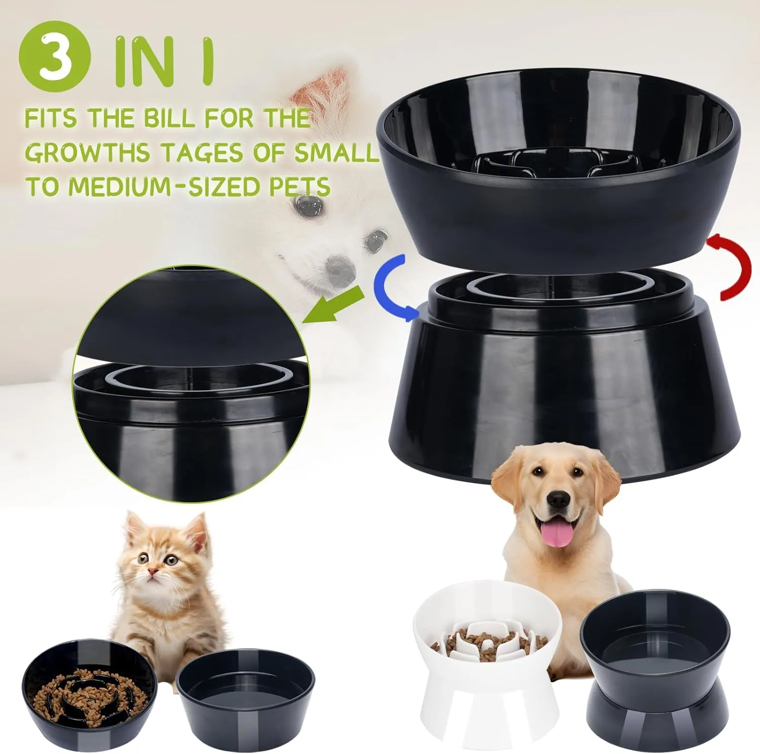 Tilted Raised Slow Feeder Bowl for Cats and Small & Medium Dogs, Raised Design Improves Posture, Spiral Inner Shape Prevents Fast Eating, Dishwasher Safe, 10 oz (Green, M-Dogs)