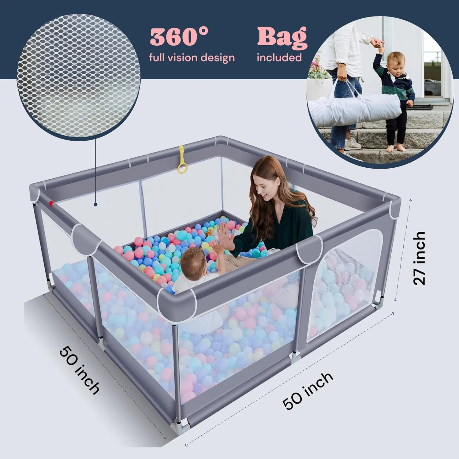 Todale 5050 Baby Playpen - Safe Infant & Toddler Gate for Crib - Portable Floor Yard with Anti-Slip Base and Breathable Mesh in Gray - Playpen for Babies and Toddlers, Gray
