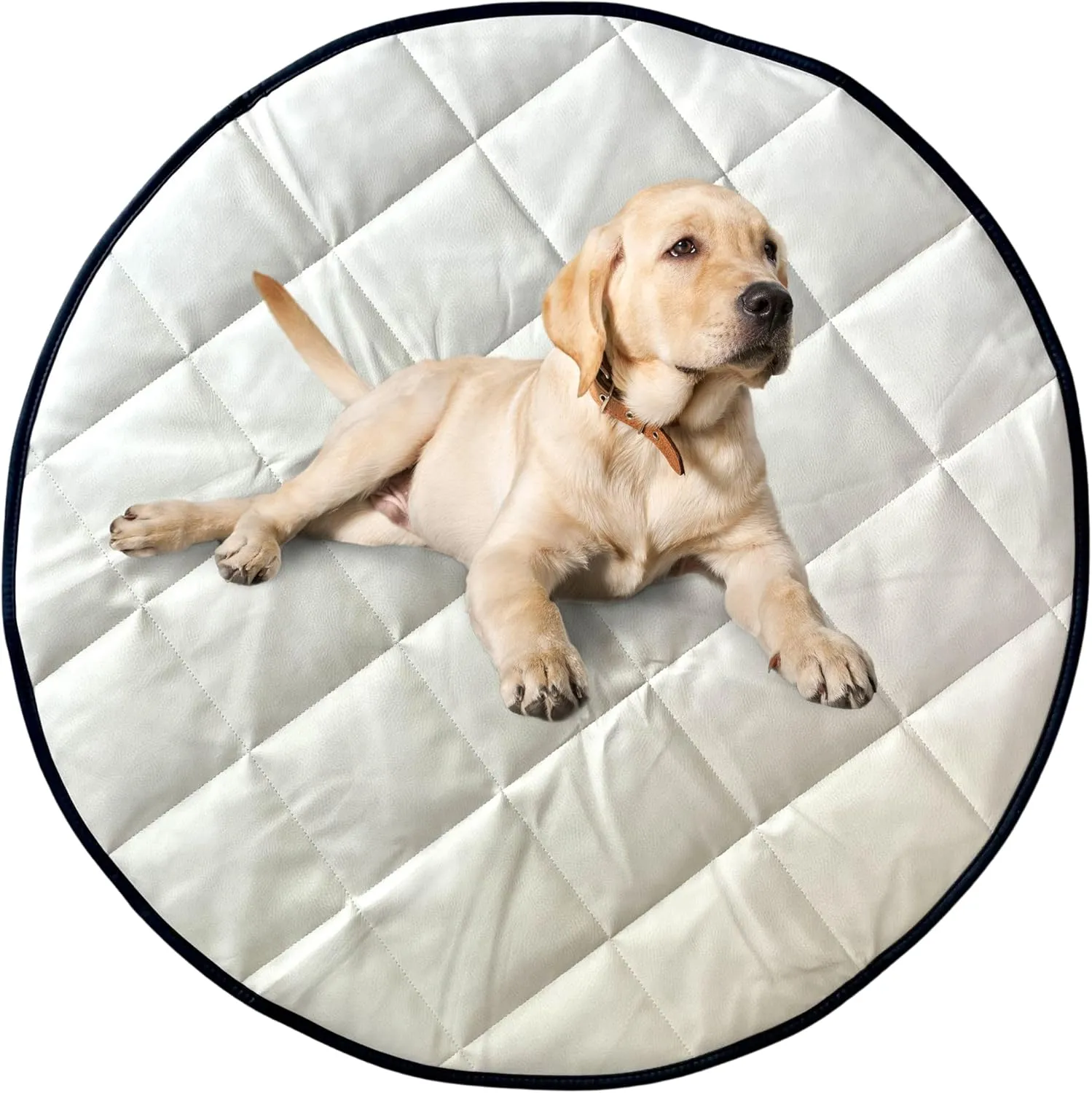 Uniklook Vegan Leather Dog Travel Bed Quilted Travel Mat Waterproof Blanket Foldable Washable Portable Pet Bedding (Black, Cream 35")
