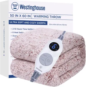 Westinghouse Electric Blanket Throw Size, Soft Plush Sherpa Heated Blanket with 6 Heating Levels & 2-10 Hours Auto-Off, Machine Washable, 50x60 inches, Rust